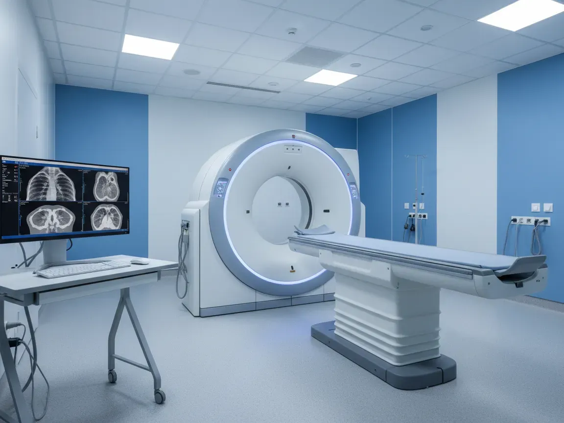 Nowoczesna pracownia tomografii komputerowej z aparatem CT i monitorem ze skanem klatki piersiowej.