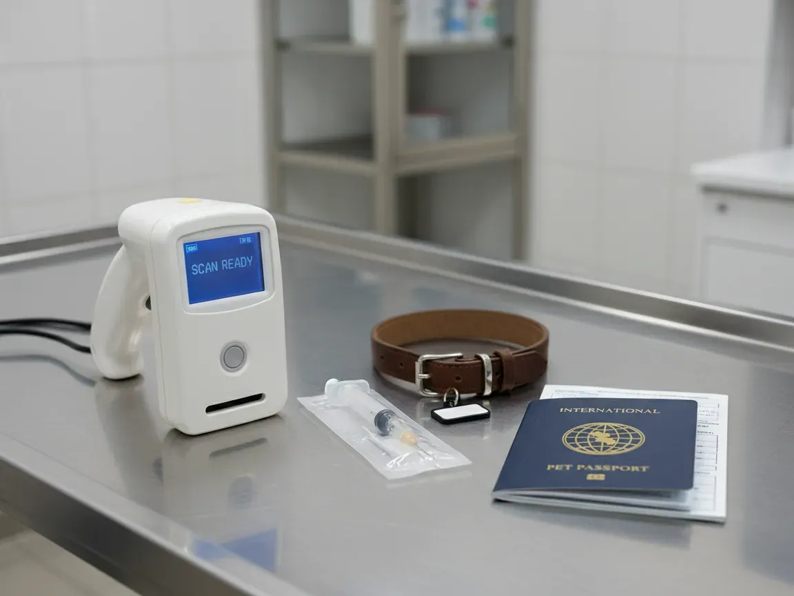 Skaner mikroczipów, strzykawka z czipem, obroża i paszport zwierzęcia na stole weterynaryjnym.